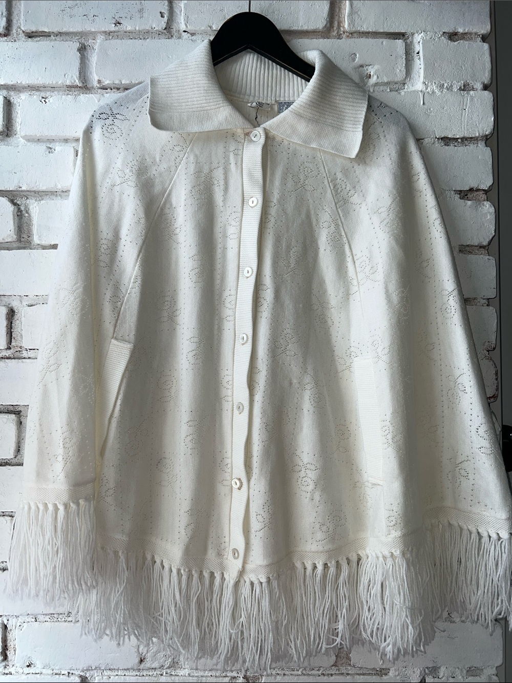 Women's Cream Button-Front Fringe Knit Sweater with pocket slits